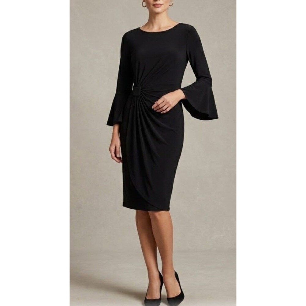 Connected Apparel Sheath Dress M Black Ruched Bell Sleeve Party Cocktail NEW